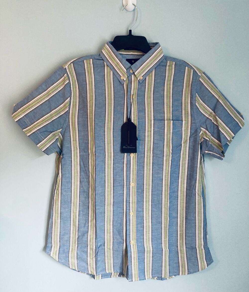 Ben Sherman Button Down Mens Shirt Medium Blue and Green Striped Casual Summer